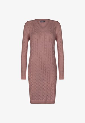 Sukienka z dzianiny w kolorze przykurzonego różu, z dekoltem w serek, długimi rękawami oraz żebrowanymi mankietami i dołem. Materiał ma miękką, teksturowaną powierzchnię.