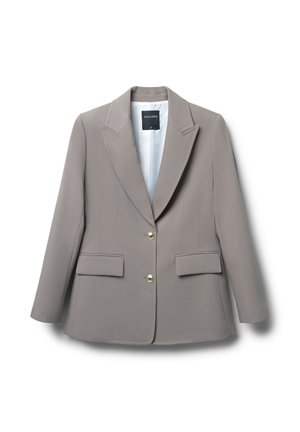 Blazer grigio con una texture morbida, caratterizzato da un rever a lancia, due tasche frontali e bottoni in tono oro. Interno foderato visibile.