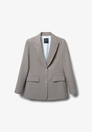 Grauer Blazer mit weicher Textur, ausgestattet mit einem Reverskragen, zwei Fronttaschen und goldfarbenen Knöpfen. Gefüttertes Innenfutter sichtbar.