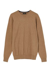 Pull en tricot marron à manches longues, col rond et poignets et ourlet côtelés. Texture douce et design décontracté. Étiquette visible à l'intérieur du col.