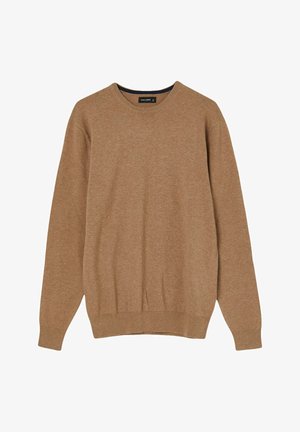 Maglione marrone lavorato a maglia con maniche lunghe, collo rotondo e polsini e orlo a costine. Tessuto morbido e design informale. Etichetta visibile all'interno del colletto.