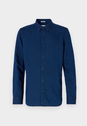 Donkerblauw overhemd met lange mouwen, knoopsluiting en een button-down kraag met een subtiel geborduurd logo op de linkerborst.