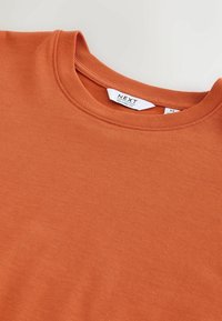 T-shirt col rond couleur rouille avec une étiquette « NEXT Relaxed Fit » visible à l'intérieur du col, taille moyenne.