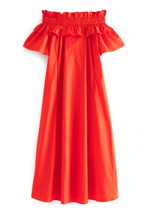 Abito midi rosso brillante con scollo elastico arricciato che lascia le spalle scoperte e silhouette morbida a linea ad A.