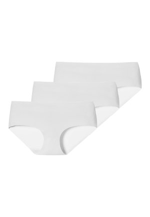 Trois paires de culottes hipster blanches unies pour femmes, disposées en rangée légèrement chevauchante.
