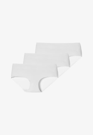 Tre paia di mutandine hipster bianche semplici senza cuciture, disposte in una fila leggermente sovrapposta.