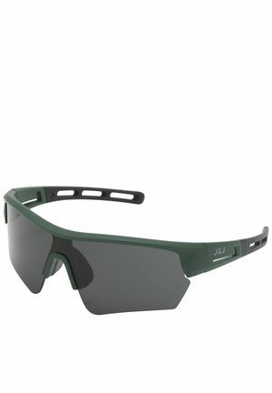 Groene sportzonnebril met een groot wraparound-lens, gestructureerde monturen en uitsparingen op de armen voor ventilatie. Donker getinte lenzen.