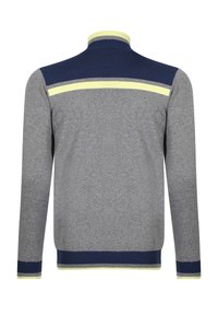 Maglione grigio lavorato a maglia con collo alto, caratterizzato da pannelli sulle spalle blu navy e strisce gialle sulla parte superiore della schiena, polsini e orlo a coste.