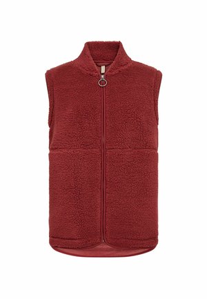 Ærmeløs sherpa fleecevest i rustrød med høj krave og fuld foran lynlås med rund trækflig.