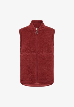 Ærmeløs sherpa fleecevest i rustrød med høj krave og fuld foran lynlås med rund trækflig.
