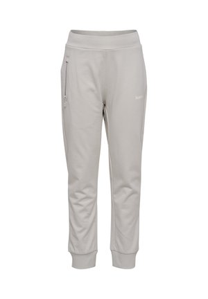Lysegrå tapersweatpants med elastisk talje, ankelmanchetter og lynlåslomme på højre lår.