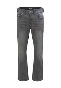 Vaqueros de mezclilla gris con corte recto. Presentan cinco bolsillos, cierre de botón y cremallera, y detalles de costura visibles. Textura suave.