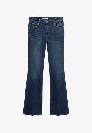 Flared dark denim jeans with a medium rise. Features front pockets, a zip fly, and belt loops. Smooth texture with subtle fading details.