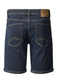 Dunkelblaue Jeansshorts mit umgeschlagenen Säumen, zwei Gesäßtaschen mit gelber Naht und einem braunen Leder-Logopatch am Bund.