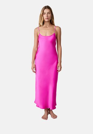 Pink satin maxi dress with thin shoulder straps, a slightly flowing hem, and a smooth, glossy texture.