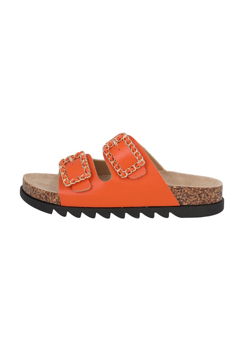 Orange slide sandals featuring two square buckles with chain accents, cork footbed, and a textured black rubber outsole.