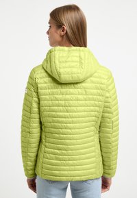 Lime green puffer jacket with a hood, featuring quilted texture, horizontal stitching, and a fitted silhouette.