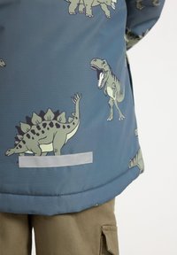 Giacca blu con stampe di dinosauri verdi, tra cui un T-Rex ruggente e uno stegosauro maculato, indossata sopra pantaloni cargo marroni.