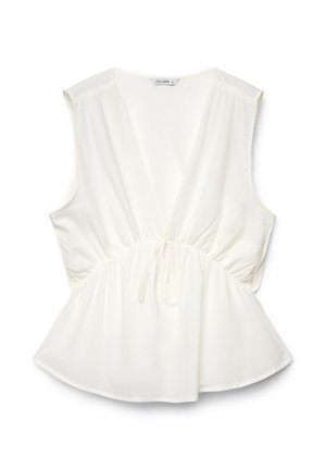Blusa bianca smanicata con profondo scollo a V e vita con coulisse, con orlo ampio e svasato.