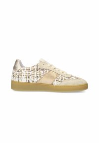 Schnürschuhe aus strukturiertem Creme-Stoff mit goldenen Akzenten und einer beigefarbenen Wildlederspitze. Gummiaußensohle mit einem gemusterten Design.