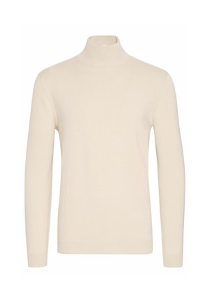 Maglione a collo alto di colore crema realizzato in morbido tessuto a maglia, con maniche lunghe e dettagli a coste al collo e all'orlo. Nessun motivo o accento.