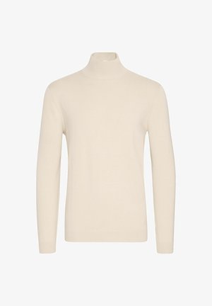 Pulover crem cu guler înalt, fabricat dintr-un material tricotat moale, având mâneci lungi și detalii cu nervuri la guler și la tiv. Fără modele sau accente.