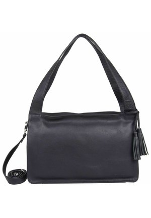 Schwarze Lederhandtasche mit strukturiertem Design, ausgestattet mit zwei Schulterriemen, einem abnehmbaren Umhängegurt und einem Quastakzent.