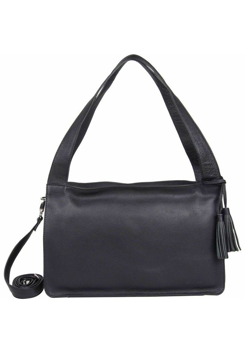 Schwarze Lederhandtasche mit strukturiertem Design, ausgestattet mit zwei Schulterriemen, einem abnehmbaren Umhängegurt und einem Quastakzent.