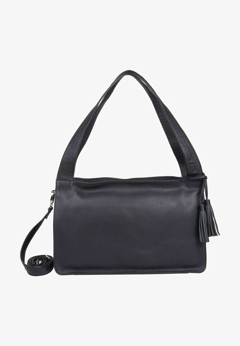 Sac à main en cuir noir avec un design structuré, comportant des doubles poignées, une bandoulière amovible et un accent en pompon.