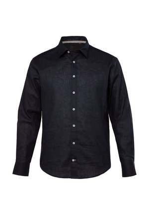 Camicia a maniche lunghe in tessuto blu scuro con finitura testurizzata. Presenta un colletto button-down e bottoni bianchi lungo la patta frontale.