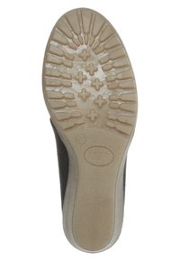 Czarna podeszwa buta z teksturowanym, antypoślizgowym wzorem. Posiada beżowy gumowy spód z rowkami i wypukłymi kształtami w formie krzyży dla lepszej przyczepności.