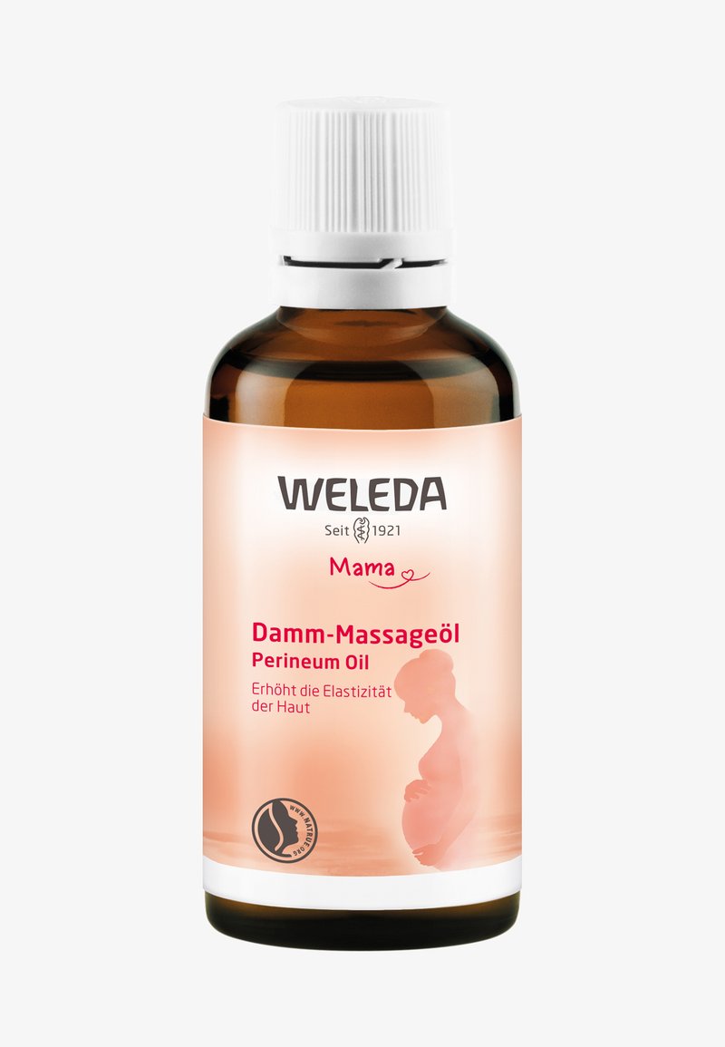 Bottiglia di vetro marrone con un tappo bianco, con un'etichetta rosa sfumata. Il testo include "Weleda Mama" e "Damm-Massageöl Perineum Oil."