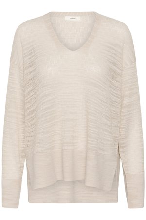 Svetlobéžový textúrovaný pletený sveter s výstrihom do V, dlhými rukávmi a rebrovaným lemom, navrhnutý pre pohodlný strih.