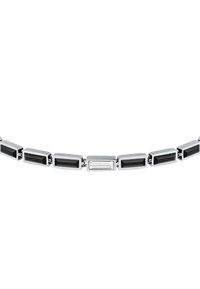 Bracciale argento con pietre rettangolari nere e trasparenti alternate, disposte in un motivo lineare, con accenti in metallo lucido.