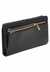 Portefeuille en cuir noir avec un design plié, featuring une poche zippée dorée et une finition texturée. Quincaillerie minimaliste et fonctionnelle.