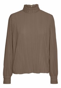Blouse longue marron à manches longues avec un col froncé haut et une texture côtelée sur toute la surface. Dispose de poignets élastiques et d'une coupe ample et boxy.