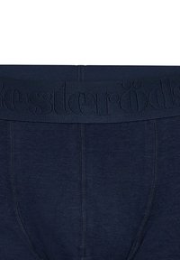 Marineblaue Herrenslips mit einem strukturierten, breiten Bündchen und eingeprägtem Logo. Weicher, glatter Stoff mit vertikalen Steppnähten.