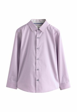 Chemise à manches longues lilas avec devant boutonné et col, dotée d'une doublure intérieure subtilement imprimée au col.