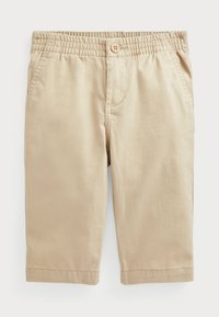 Khaki shorts made of cotton blend fabric, featuring an elastic waistband, a button closure, two side pockets, and a straight-cut design.