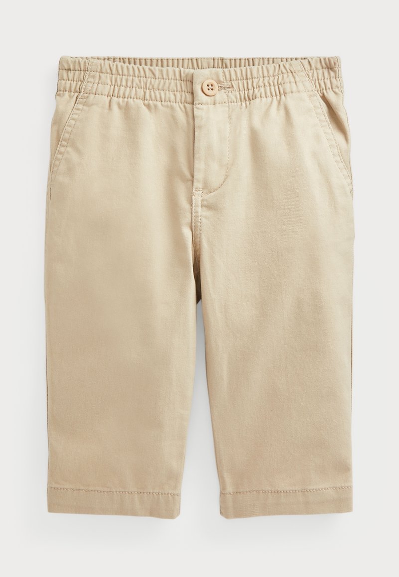 Khaki shorts made of cotton blend fabric, featuring an elastic waistband, a button closure, two side pockets, and a straight-cut design.