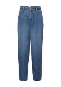 Jeans de mezclilla azul de tiro alto con un corte relajado, que presentan pliegues frontales, cierre de botón y piernas rectas, con una textura suave.