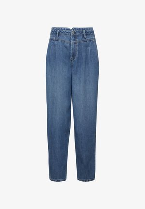 Hochschnittige blaue Denim-Jeans mit lässiger Passform, Vorderfalten, Knopfverschluss und geraden Beinen, glatte Textur.