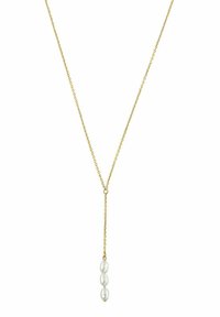 Guldkedja med en hängande pendant som har tre ovalformade vita pärlor, med en slät, glansig textur och minimalistisk design.