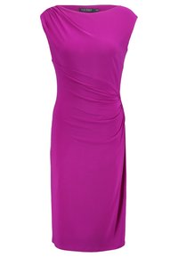 Fuksiavärinen hihaton mekko, jossa on kokoontuva muotoilu sivussa, valmistettu sileästä, joustavasta kankaasta, polveen ulottuva ja draperaava ilme.