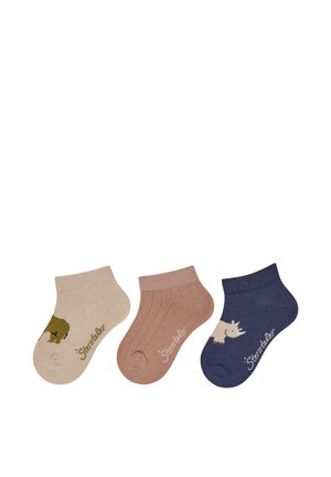 Three pairs of children's socks: beige with green animal print, light pink ribbed, and navy with a white animal print. Soft, cotton blend material.