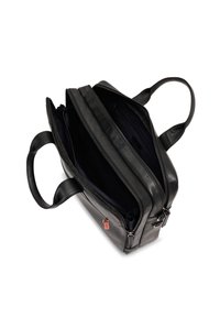 Schwarze Lederhandtasche mit doppelten Reißverschlussfächern, weicher Textur, rechteckiger Form, kurzen Griffen und einem kleinen roten Zipperanzug.