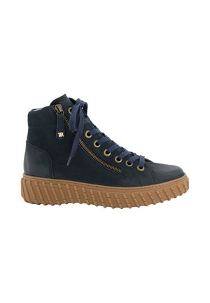 High-top sneakers made of navy blue suede with a textured finish, featuring gold-tone hardware, side zipper, and a thick rubber sole.