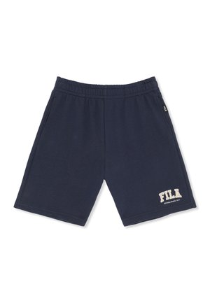 Granatowe szorty FILA z elastycznym paskiem w talii, bocznymi kieszeniami oraz białym logo FILA na dolnej lewej nogawce.