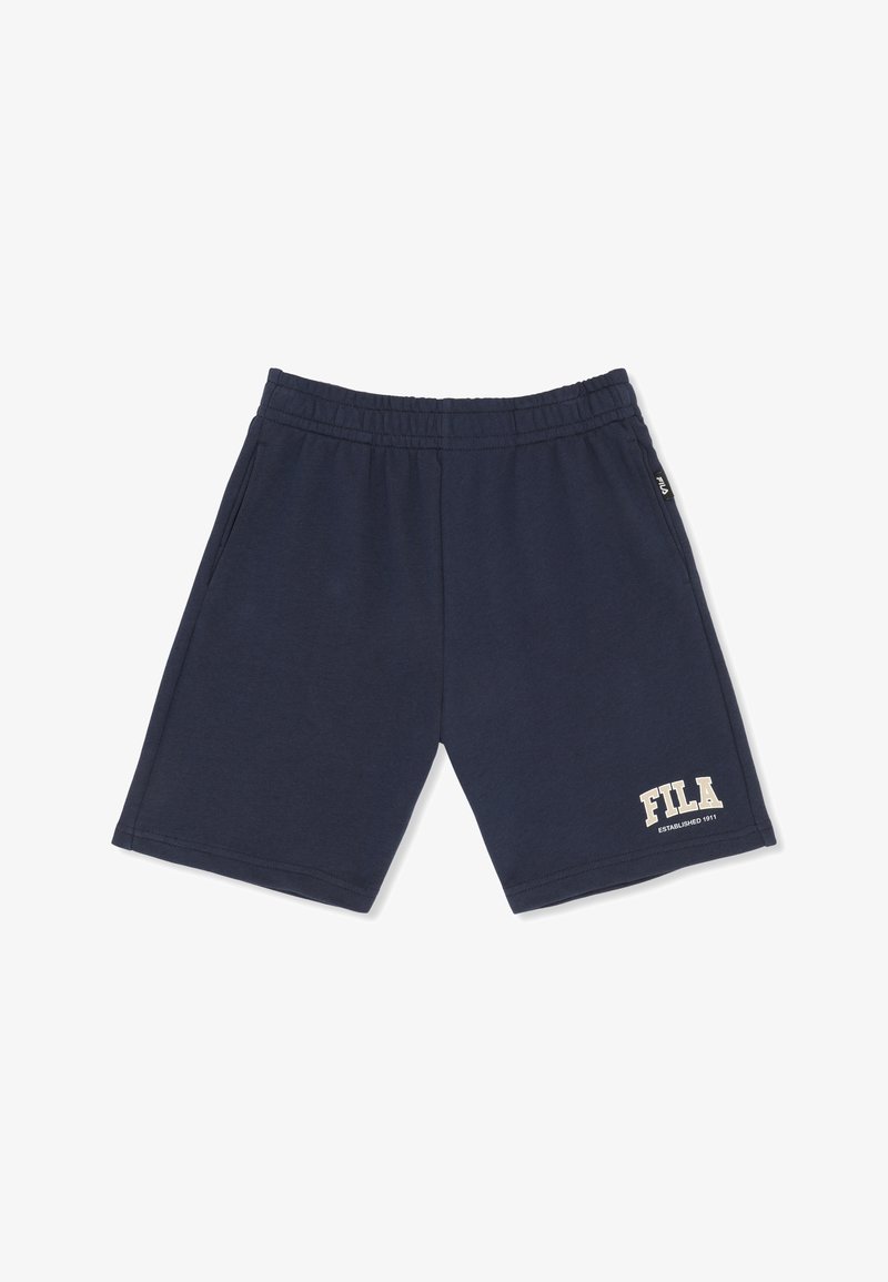 Shorts FILA bleu marine avec taille élastique, poches latérales et logo FILA blanc sur la jambe inférieure gauche.