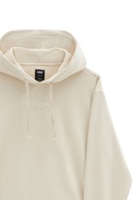 Sweat à capuche beige avec une texture douce, dotée d'une capuche à cordon, d'un logo "VANS" brodé et d'une coupe décontractée. Détails de couture limités visibles.